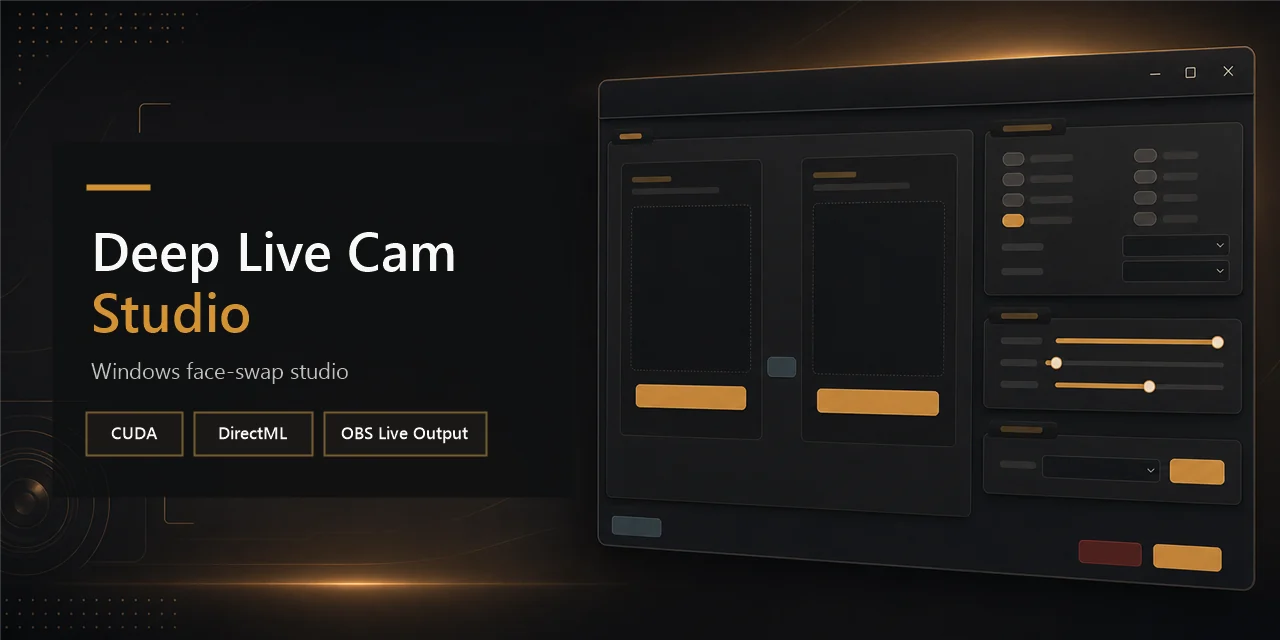 Deep Live Cam Studio preview showing a dark desktop interface illustration with CUDA, DirectML, and OBS Live Output labels.